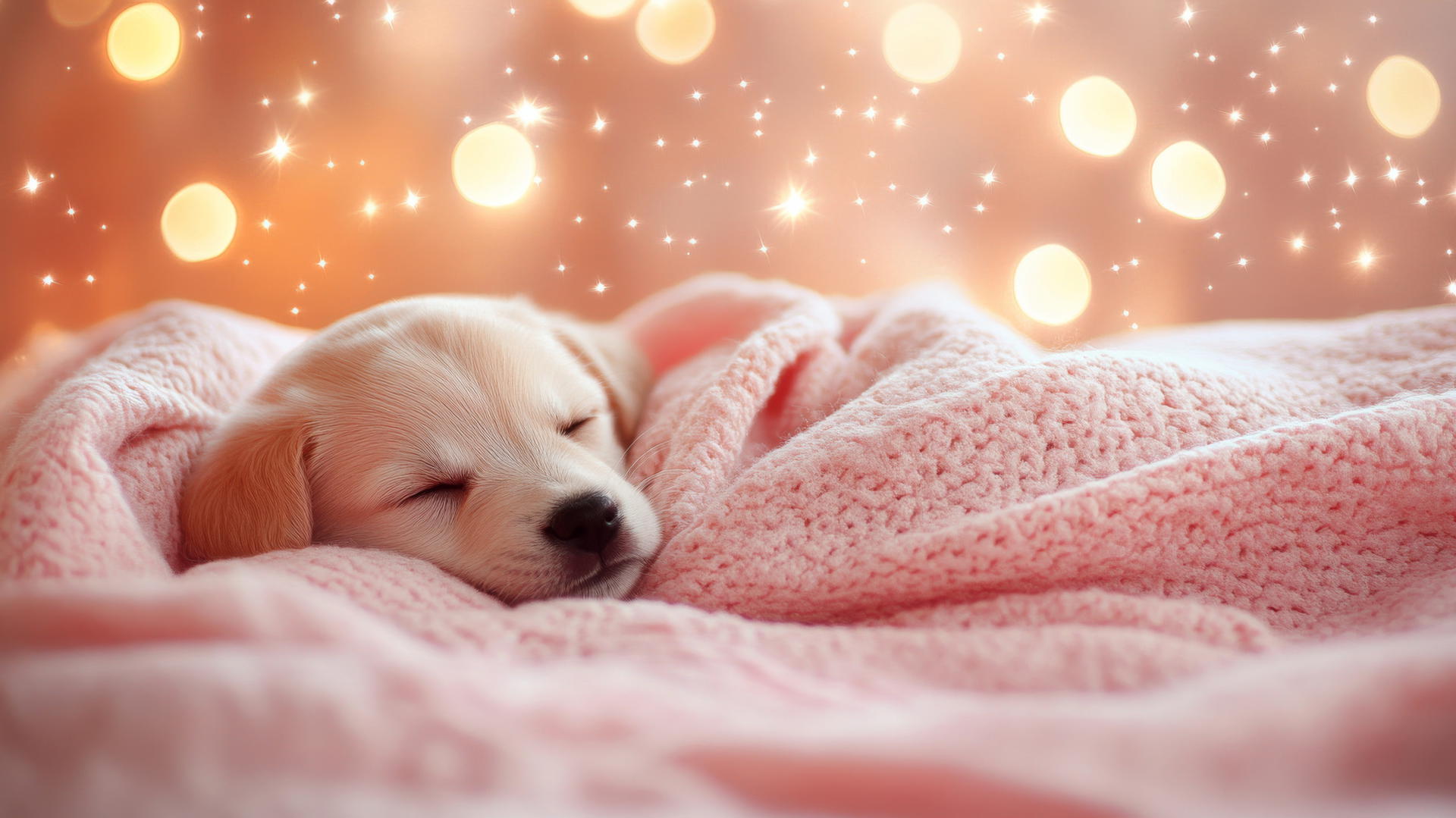 Pink cute puppy wallpaper with sleepy dog wrapped in blanket, stars, warm glow