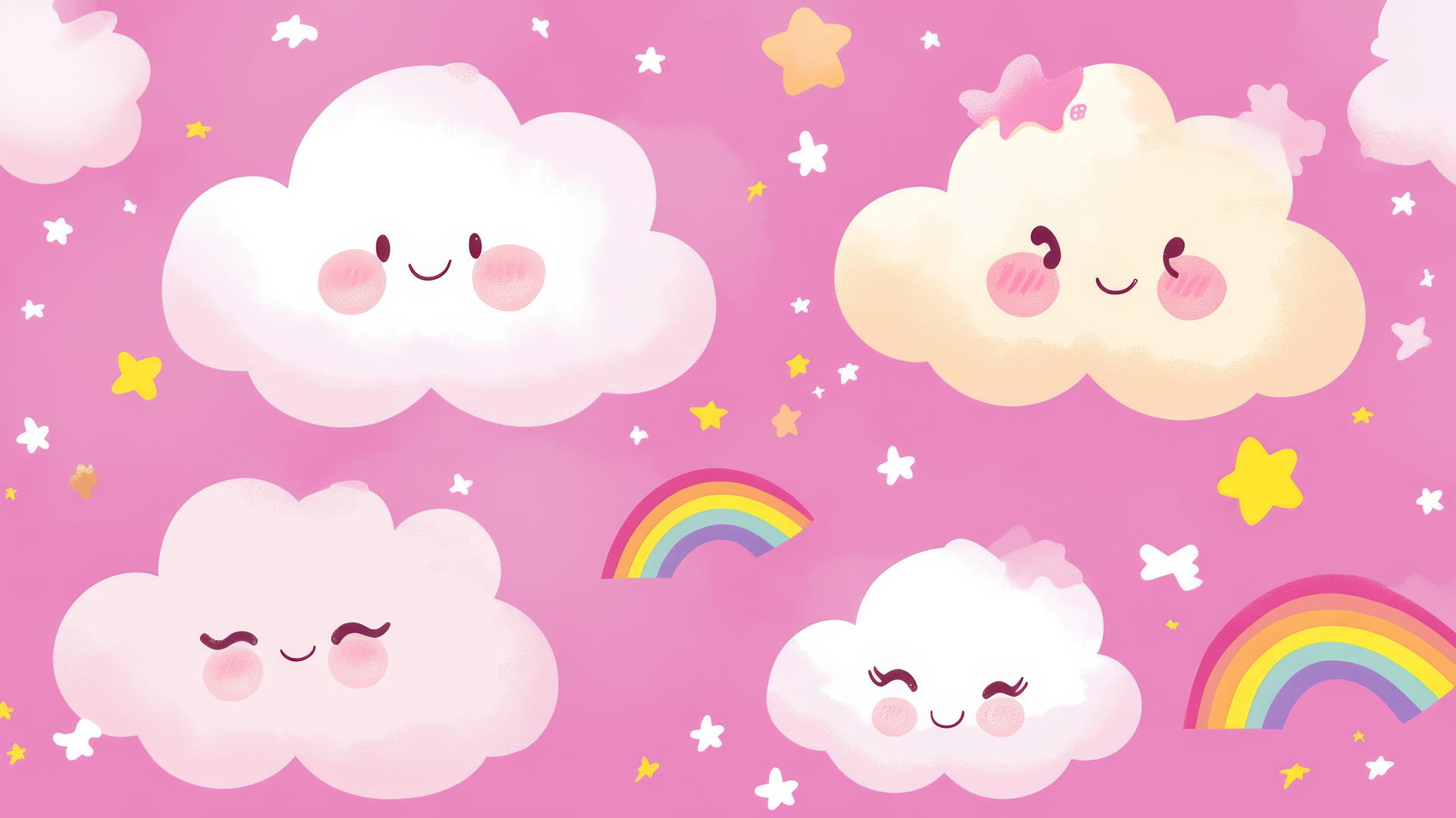 Pink cute wallpaper with kawaii clouds, rainbows, and stars