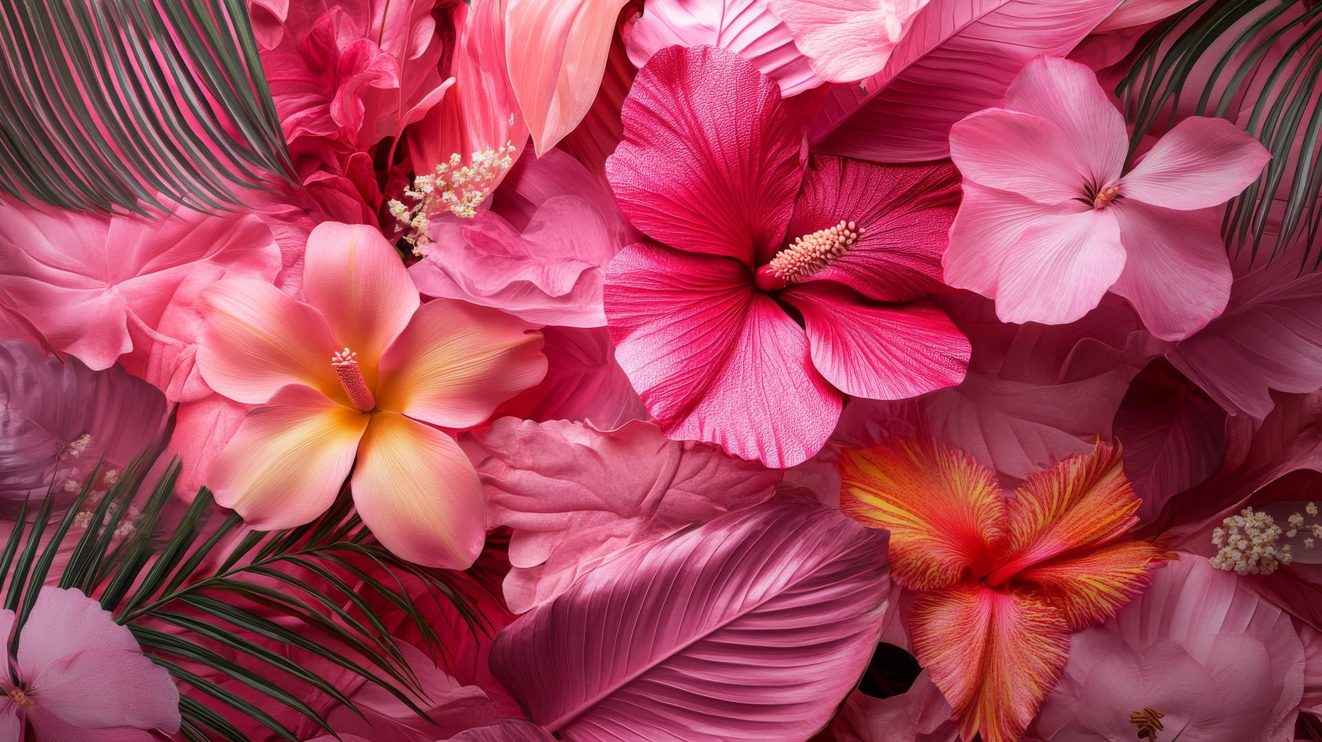 pink wallpaper aesthetic with vibrant collage of tropical leaves and exotic flowers