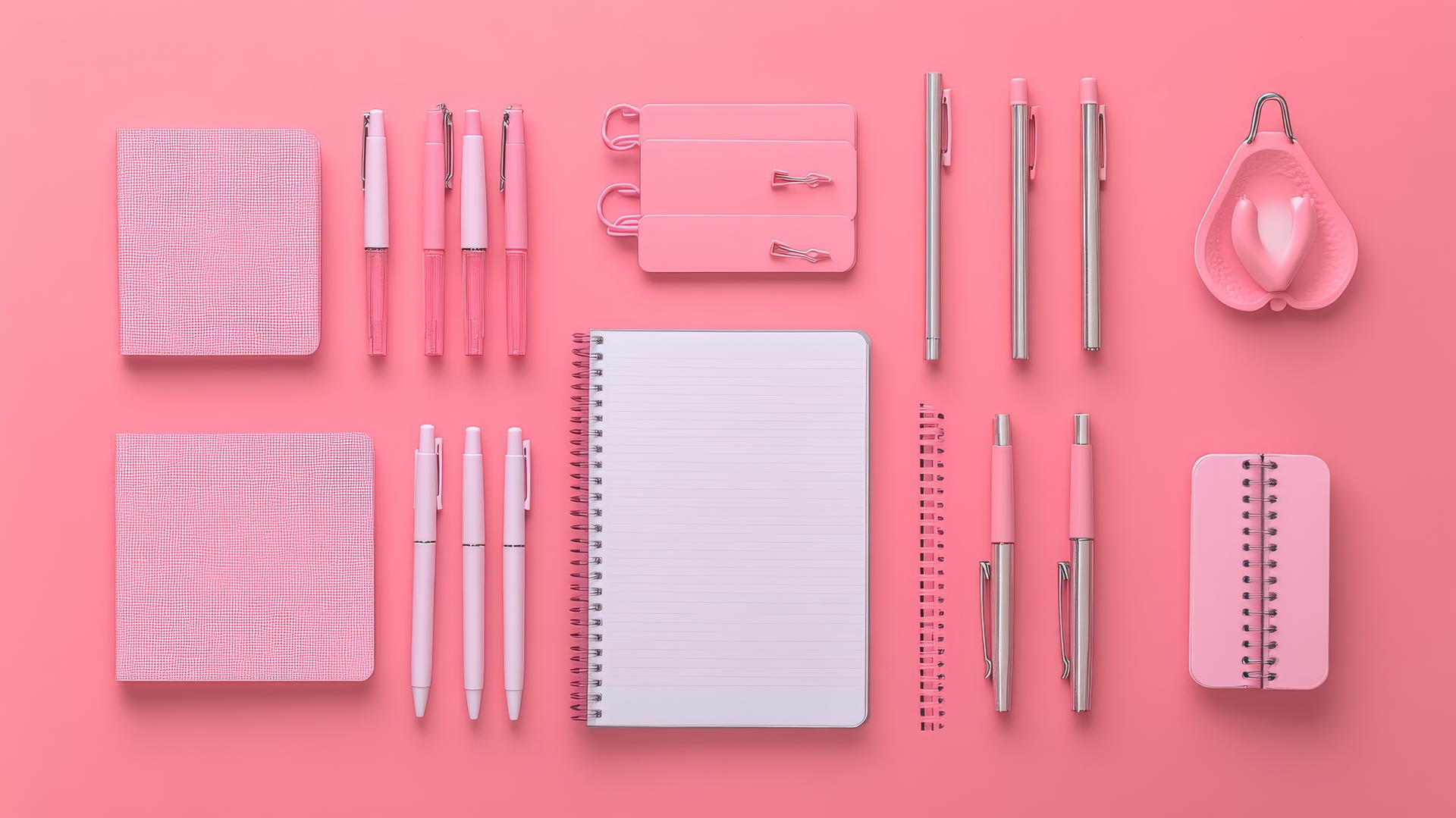pink wallpaper aesthetic flat lay of pink-themed stationery including notebooks, pens, and paper clips