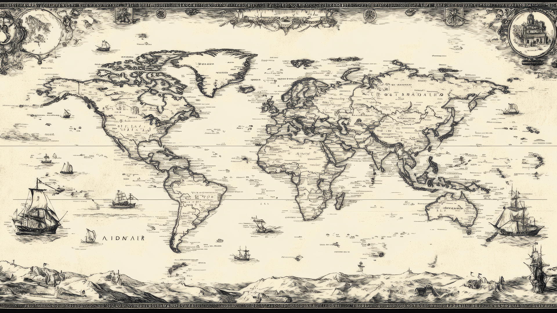 black and white wallpaper with vintage world map illustrations