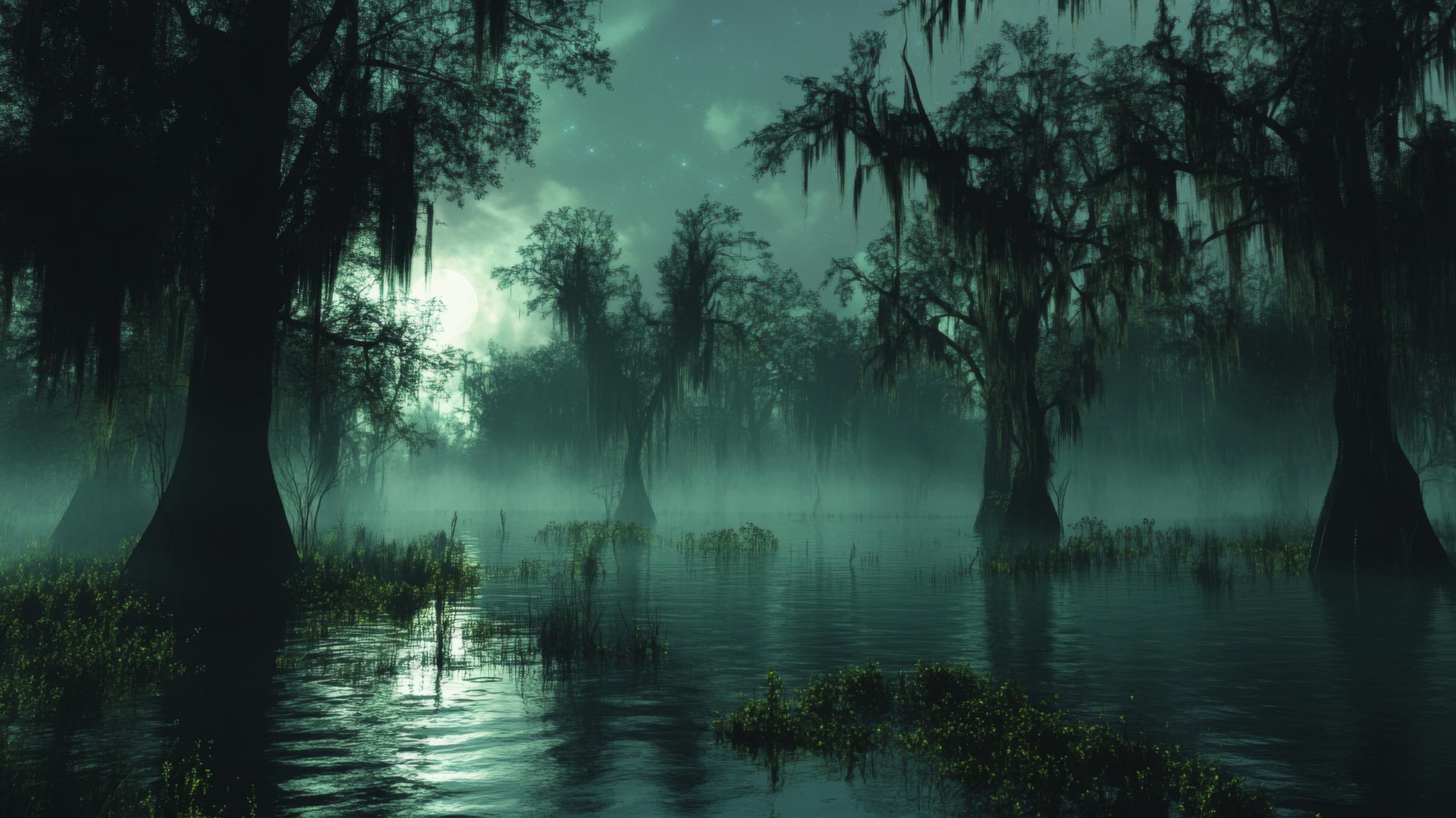 Dark green wallpaper with a misty swamp, shadowy trees, and faint moonlight.