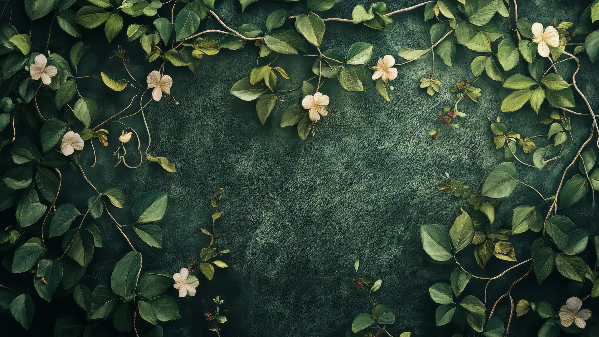 green wallpaper with whimsical pattern of vines and blooming flowers