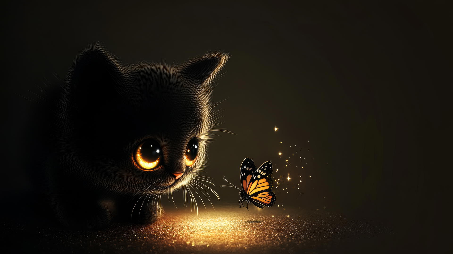 black cute wallpaper with a tiny cartoon kitten chasing a butterfly
