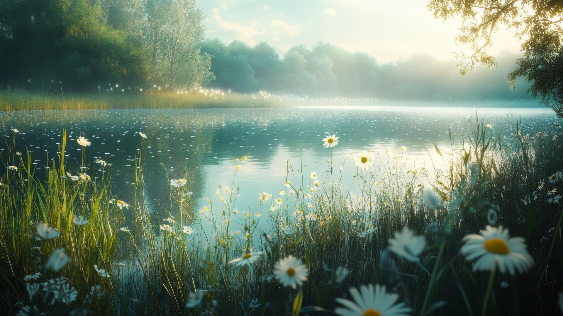 nature aesthetic wallpaper with serene lake, tall grasses, wildflowers, and soft light