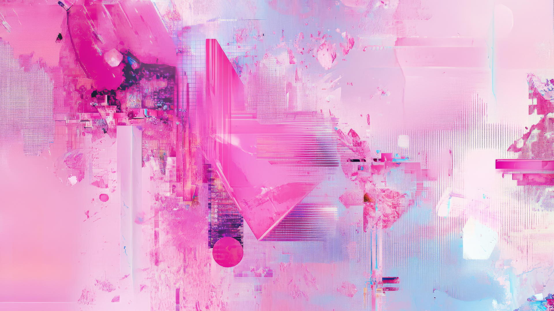 pink y2k wallpaper with neon pink geometric shapes, pixelated glitch effects, and holographic textures on a pastel background