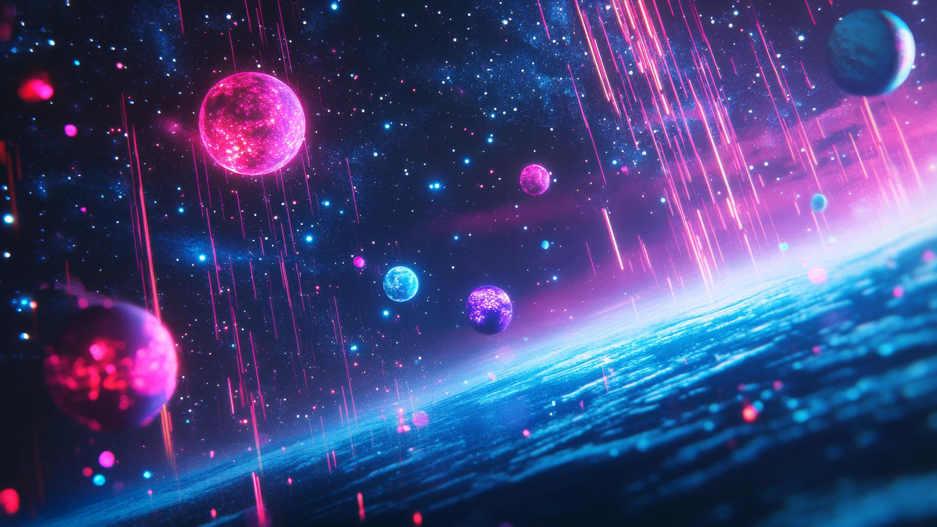 cyber y2k star wallpaper with neon constellations, glitchy planets, and pixelated meteor showers