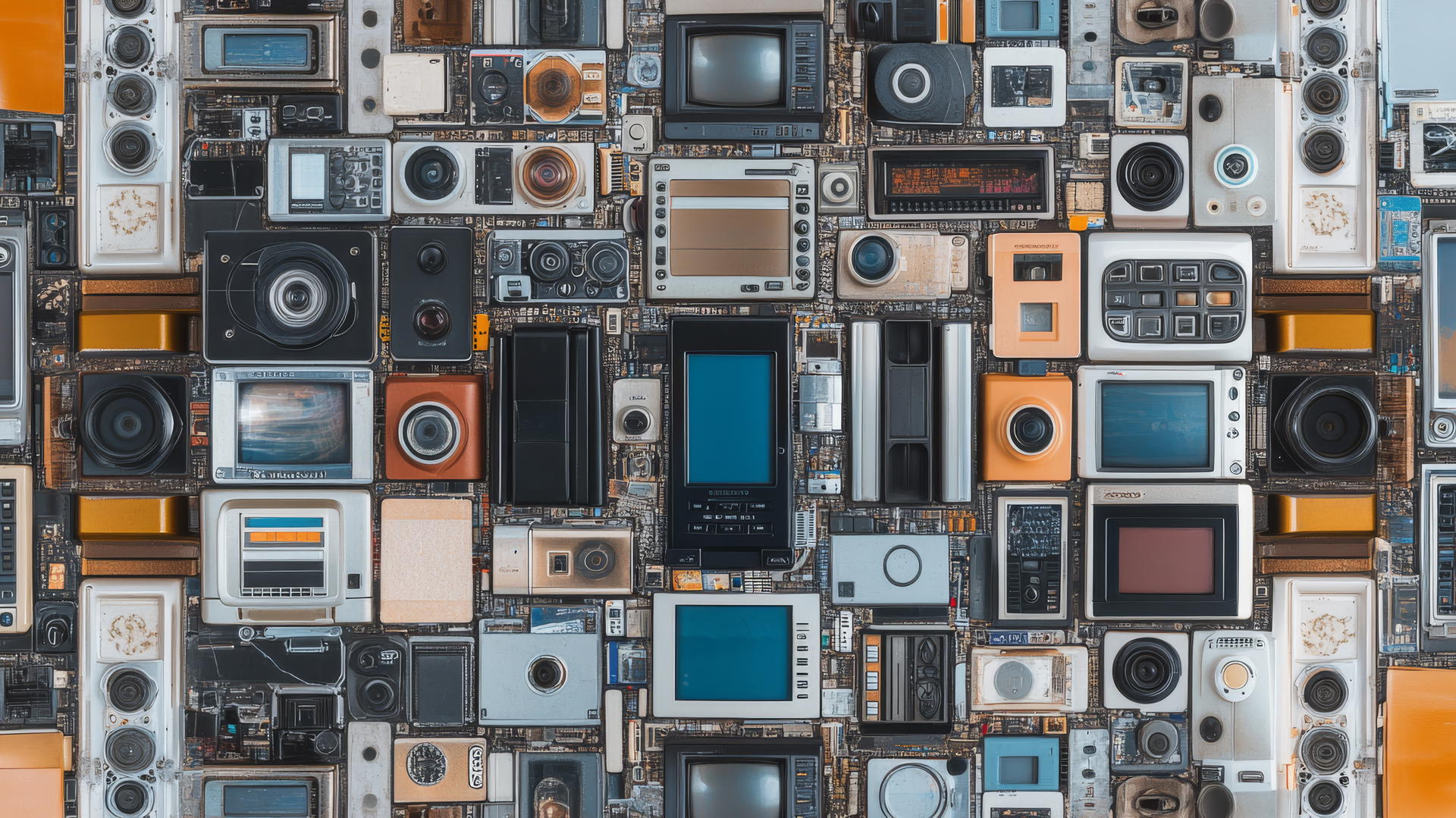 Y2K wallpaper with early 2000s tech gadgets on metallic silver background
