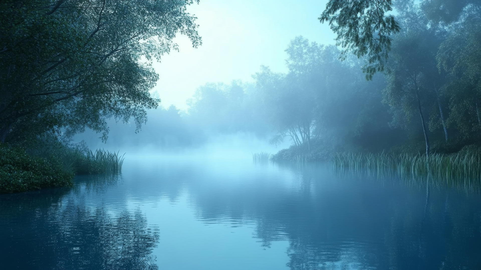 wallpaper blue lakescape at dawn with mist rising and soft blue reflections