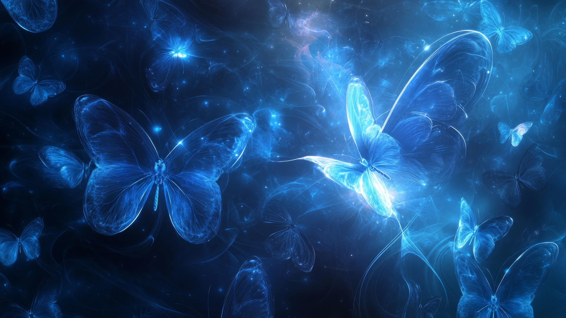 Blue butterfly wallpaper with abstract swirls and luminous accents.