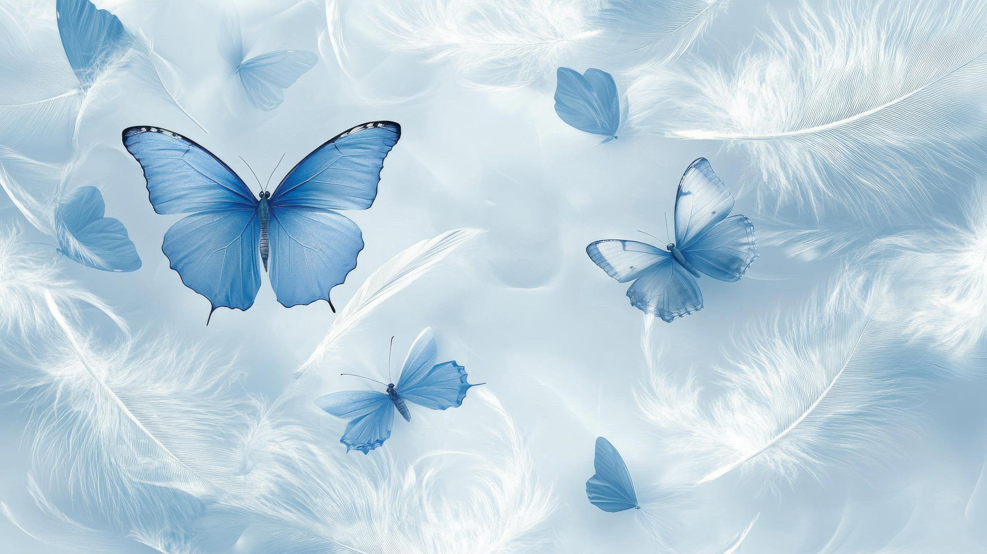 blue butterfly wallpaper with white feathers on a light blue background