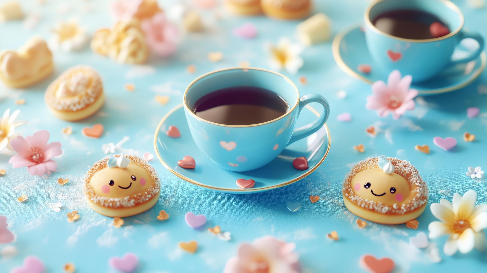 Cute blue wallpaper with a tea party scene featuring blue teacups, saucers, and smiling pastries.