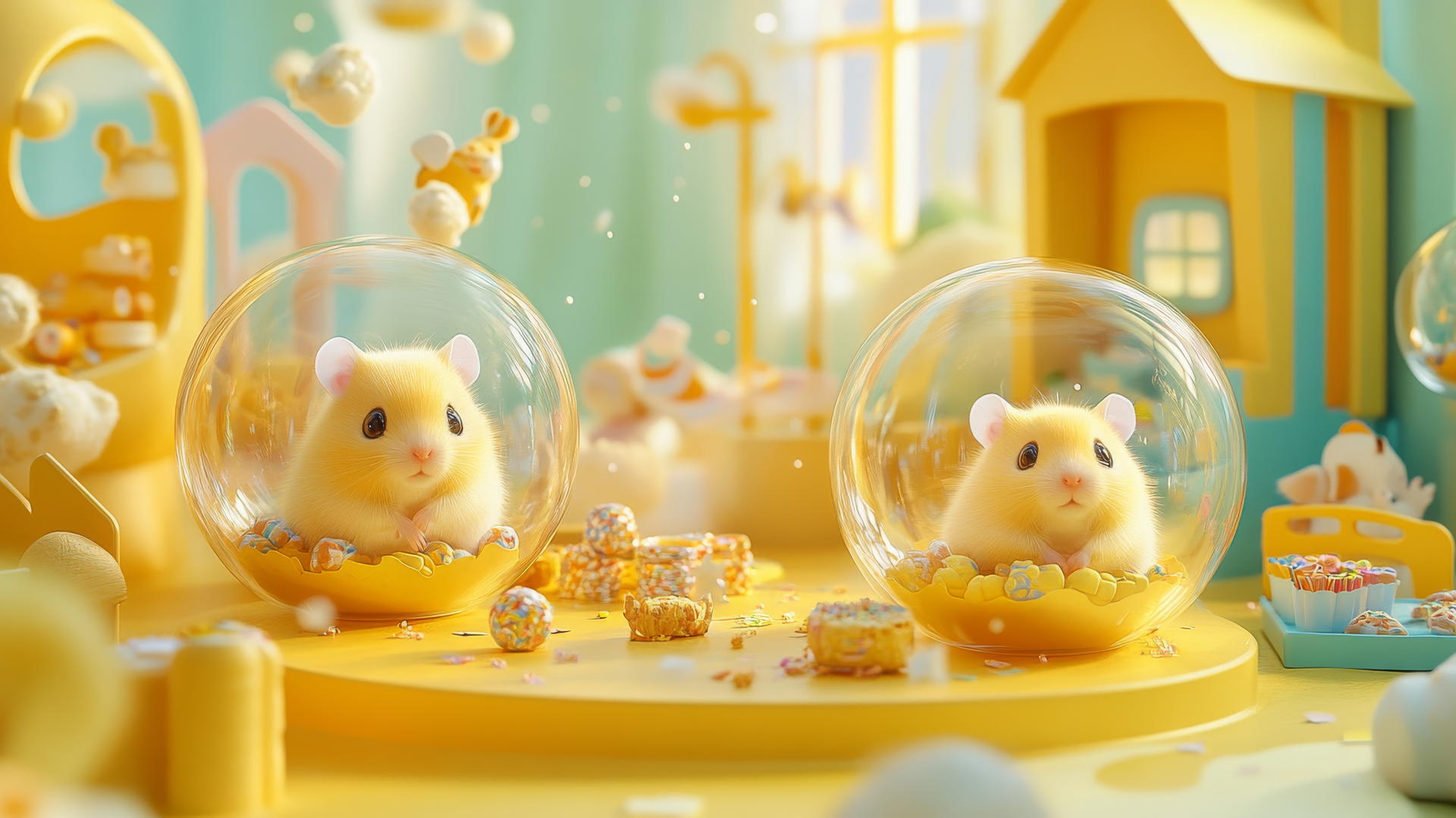 cute yellow wallpaper with hamsters in transparent balls