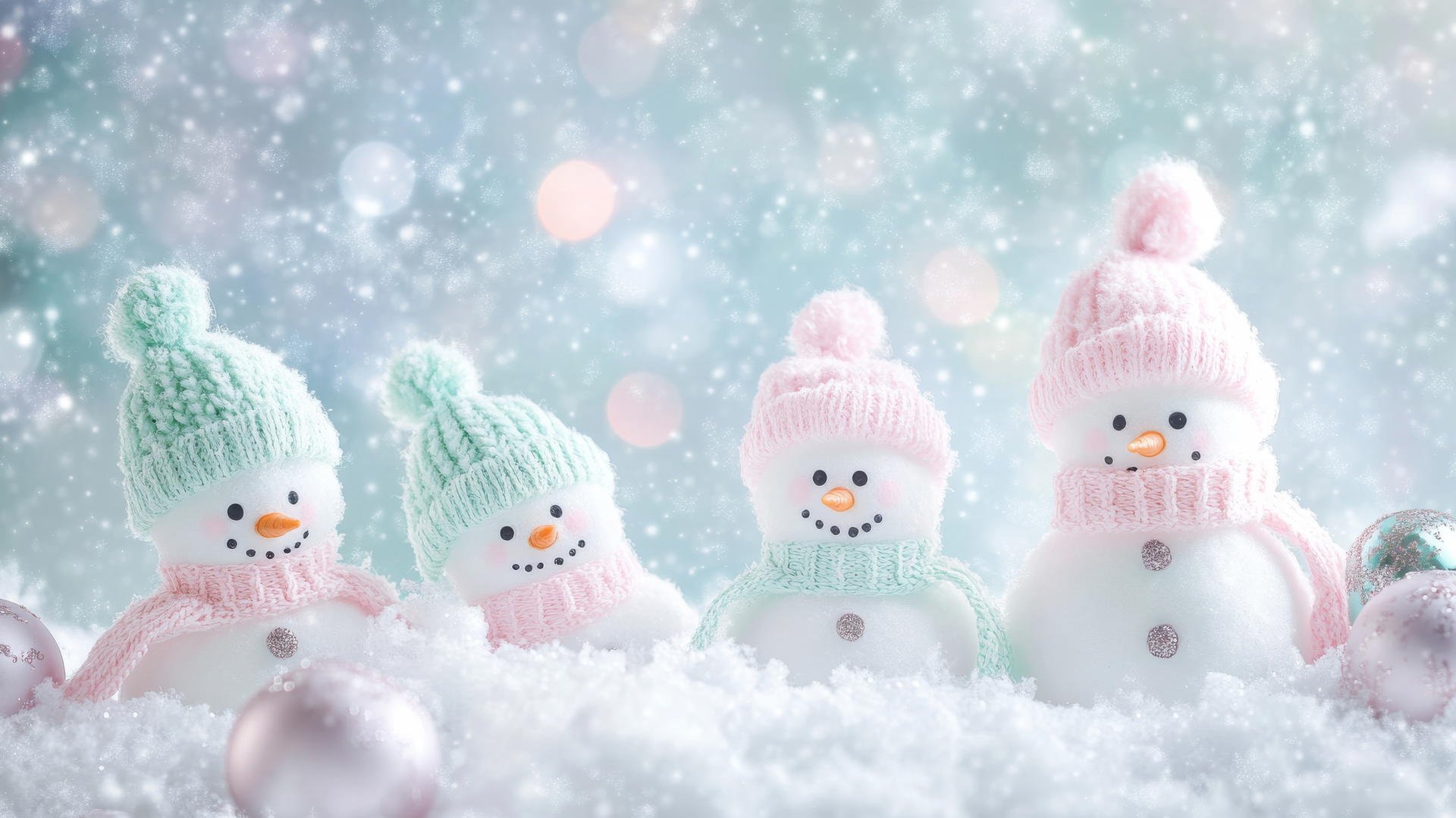 girly cute Christmas wallpaper with cute snowmen in pastel pink and mint green hats