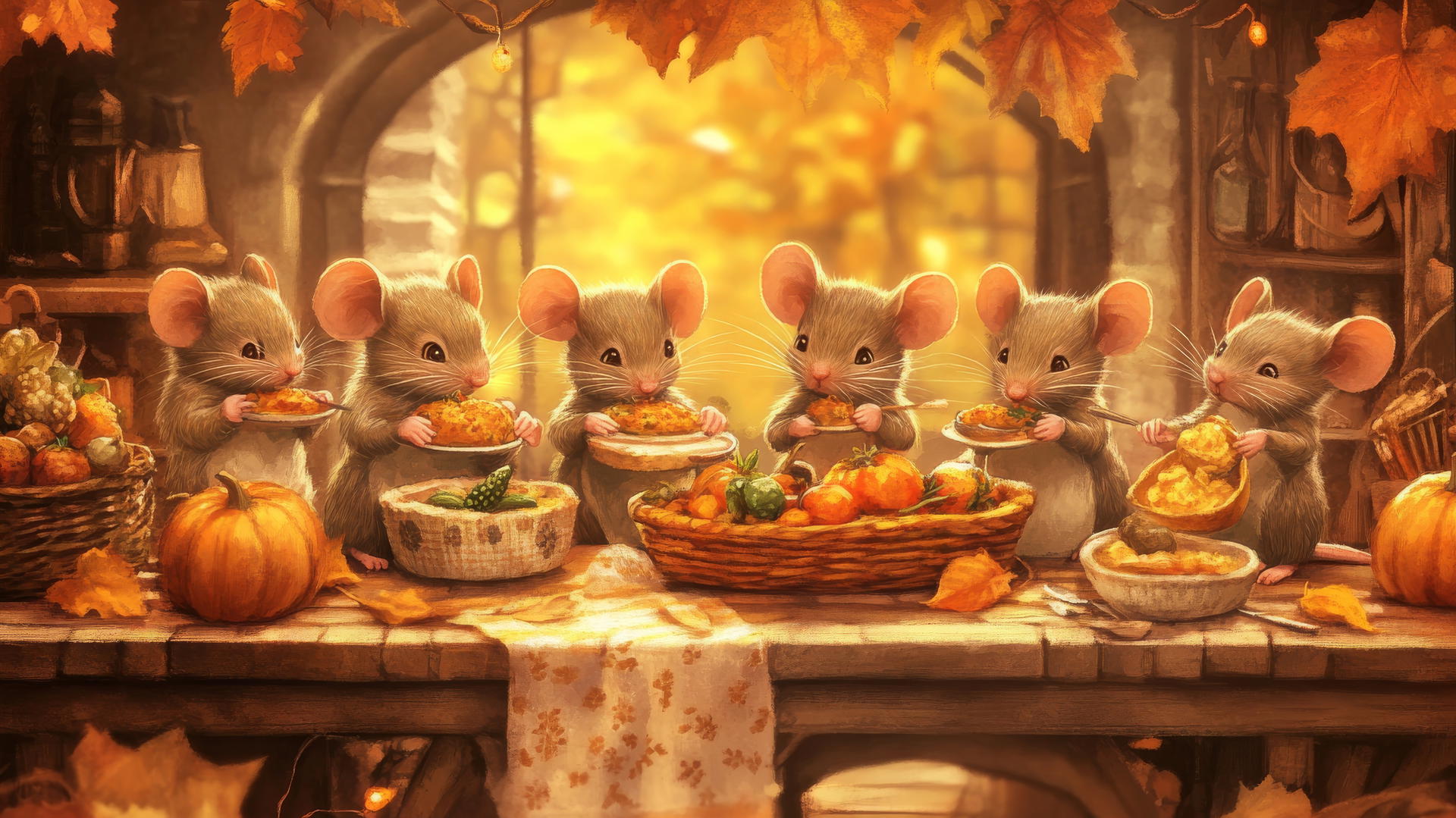 wallpaper cute thanksgiving backgrounds: tiny mice preparing a Thanksgiving feast in a forest kitchen