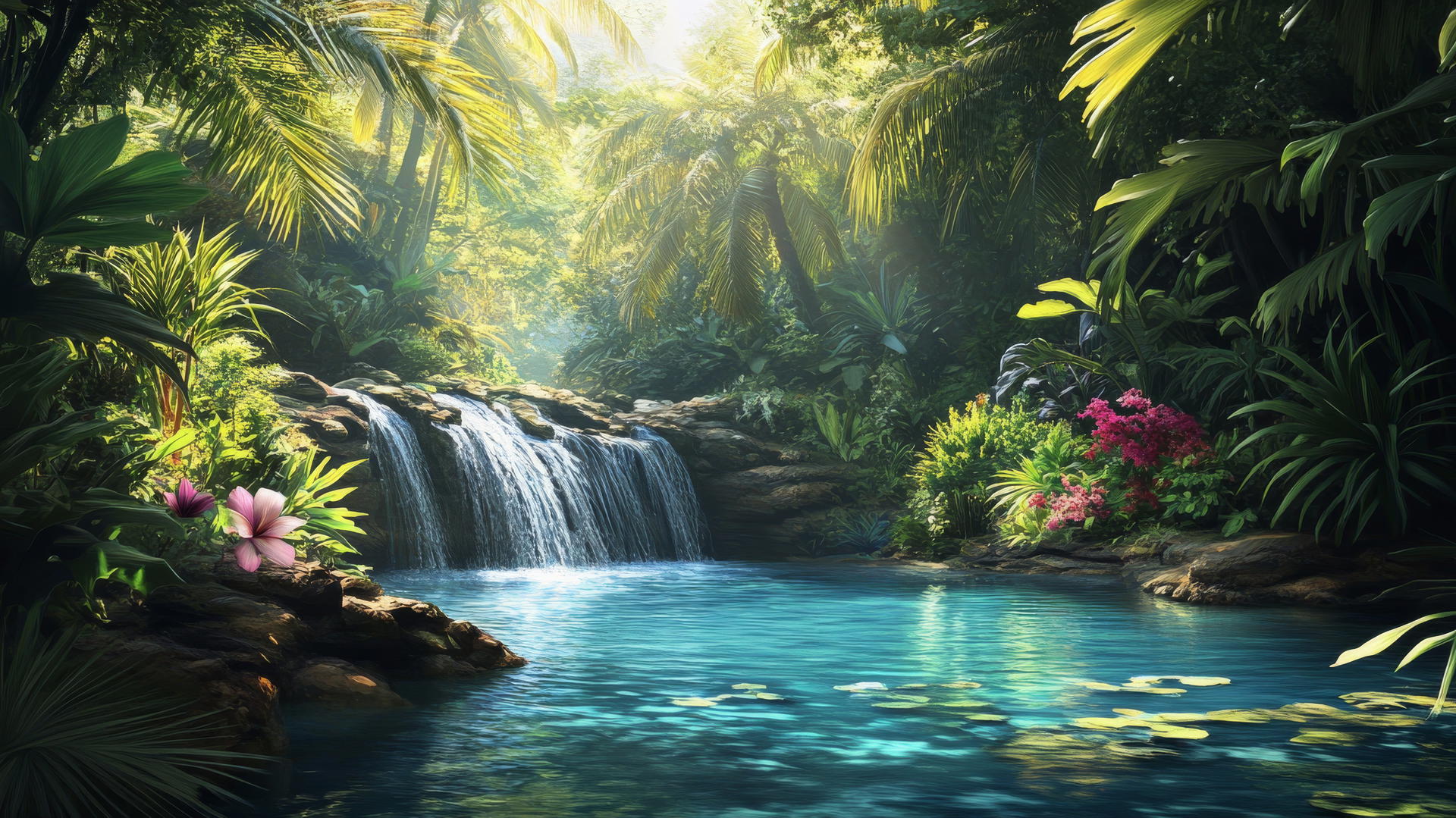 summer wallpaper iphone of a tropical oasis with palm leaves, exotic flowers, and waterfall