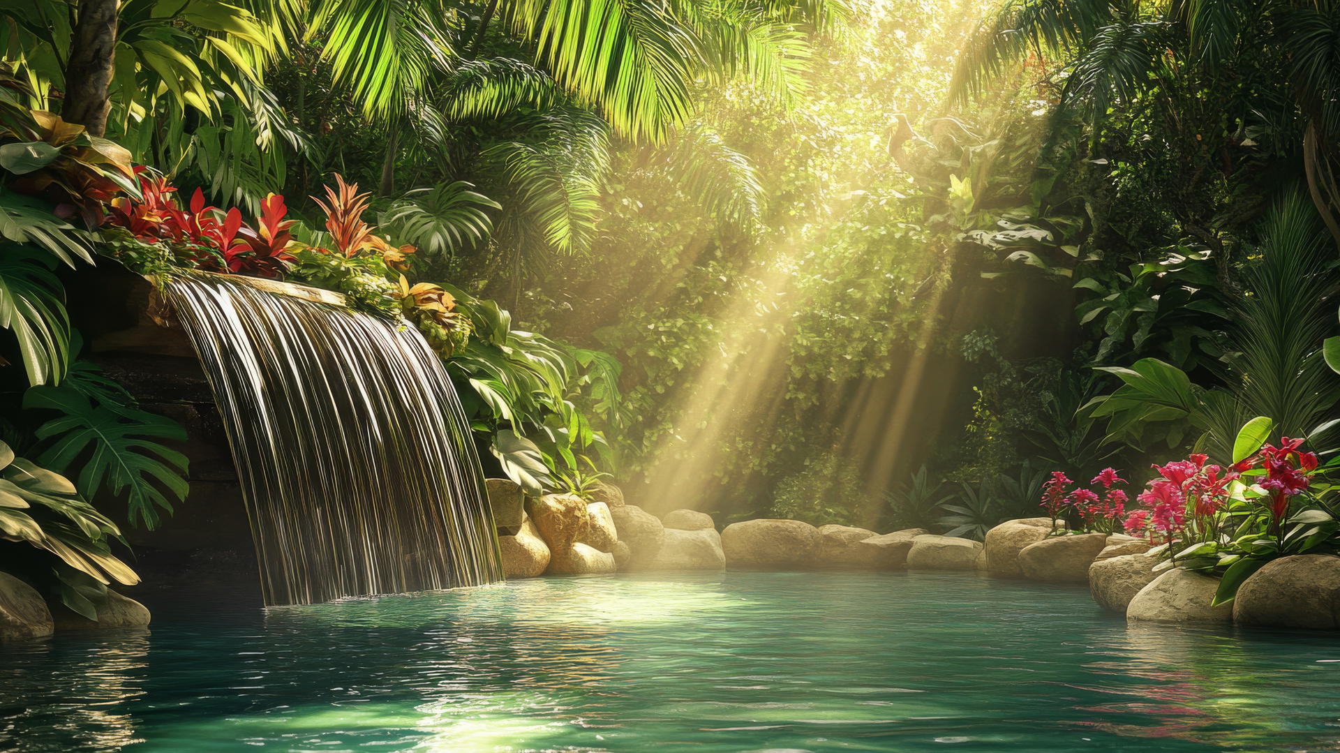 summer wallpaper iphone with a tropical oasis, palm leaves, flowers, and waterfall