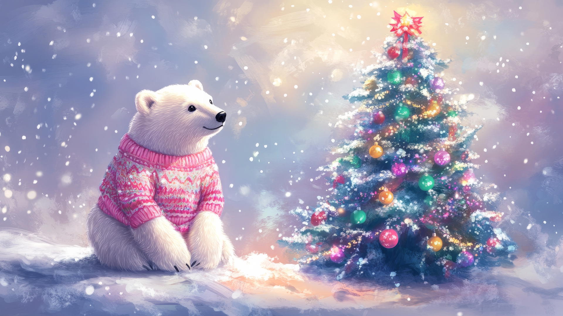 girly cute christmas wallpaper with a polar bear in pink sweater by a pastel Christmas tree