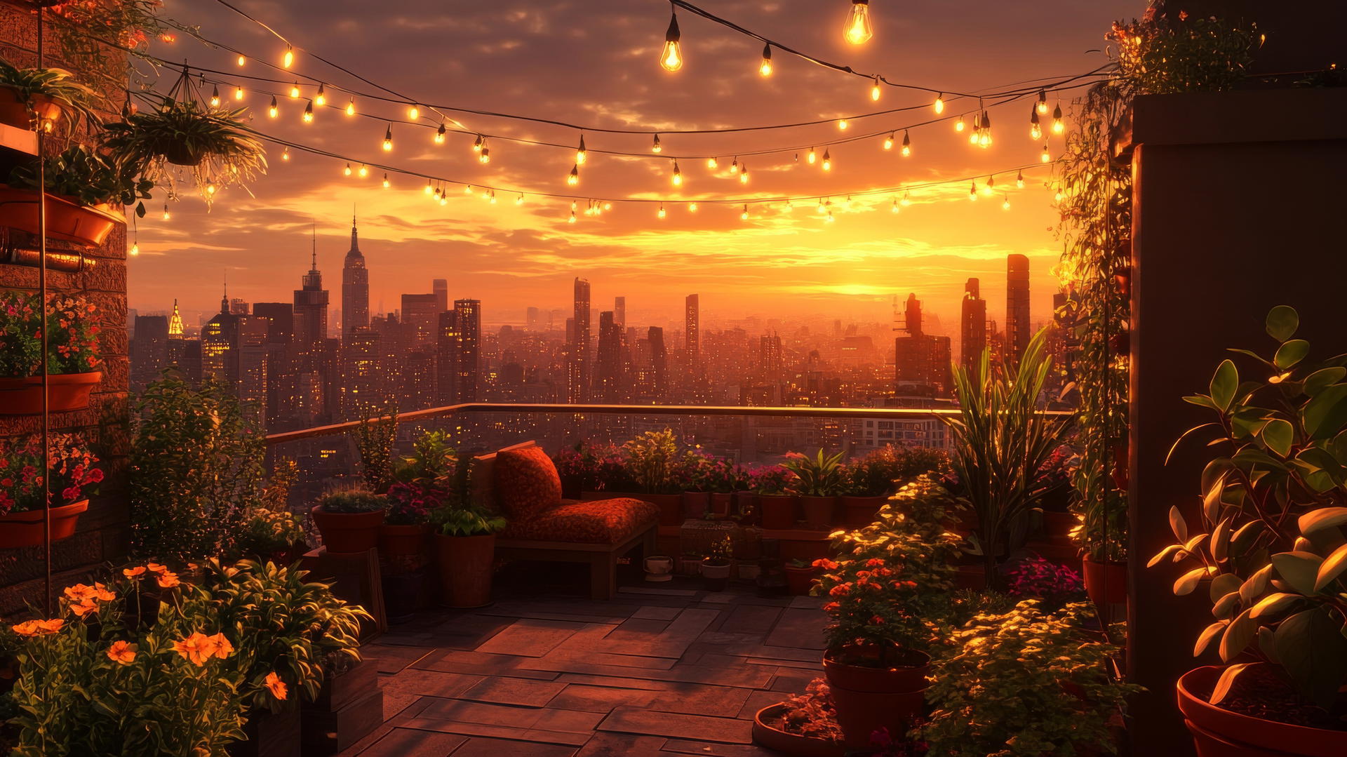 Summer wallpaper aesthetic with a rooftop garden, potted plants, and city skyline at golden hour.