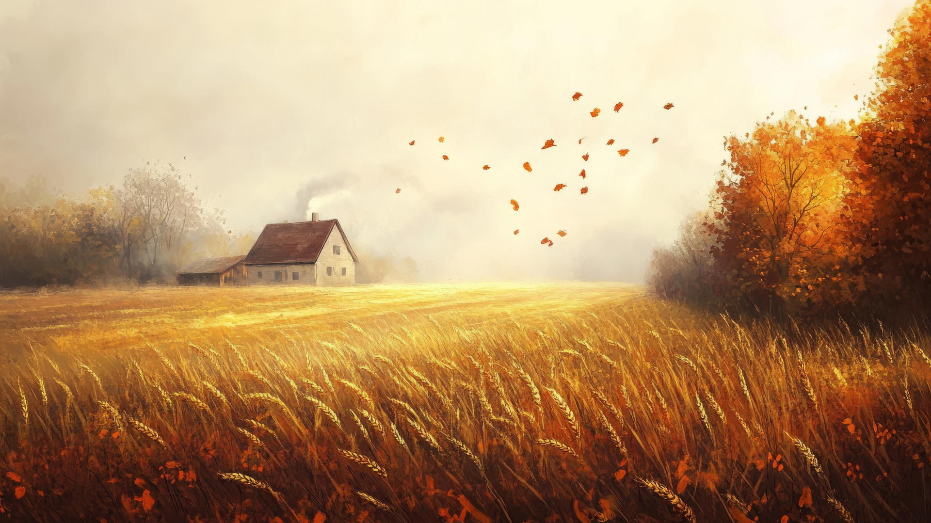 Aesthetic thanksgiving wallpaper with misty autumn morning, farmhouse, amber wheat fields, falling leaves.