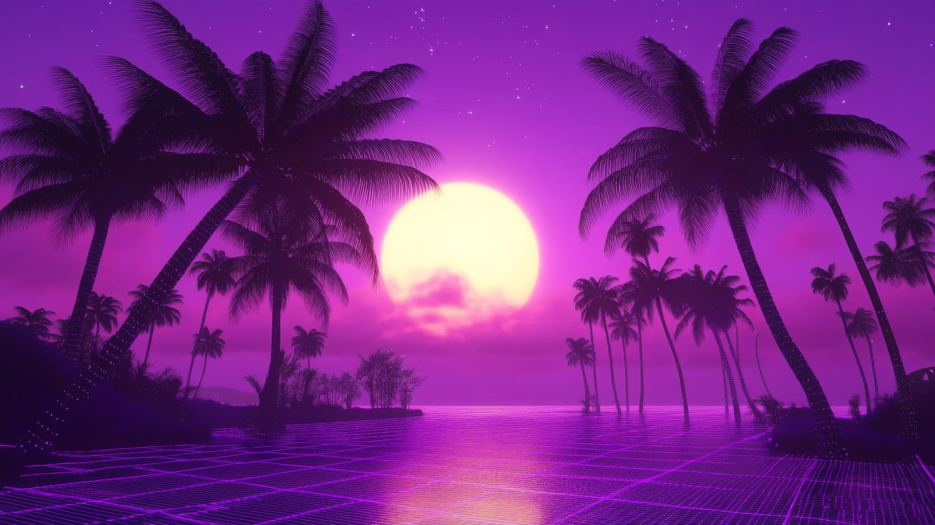 aesthetic purple wallpaper with vaporwave retro gridlines, neon palm trees, and glowing sun