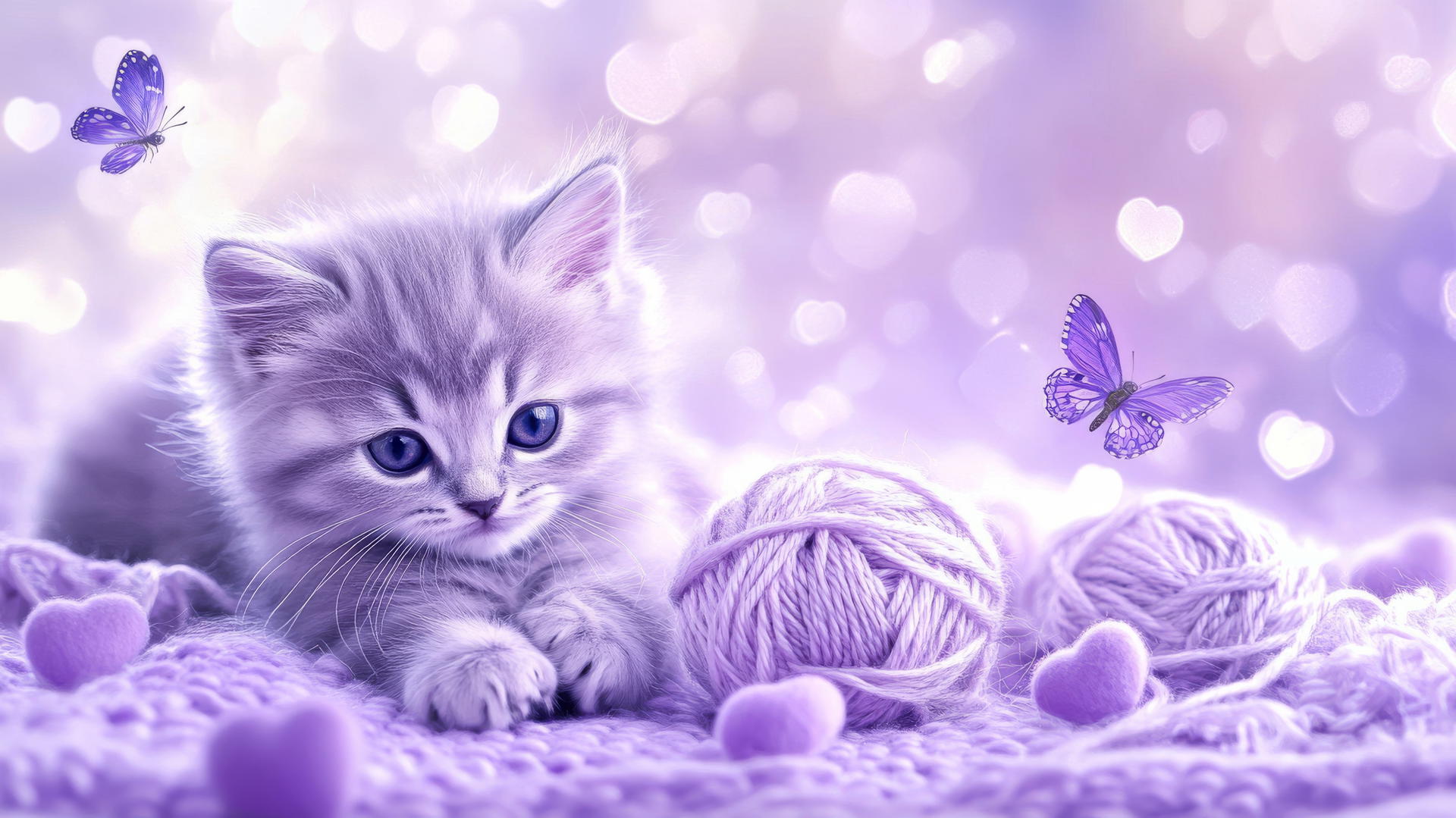 cute purple wallpaper with kittens playing with yarn balls, tiny hearts, and butterflies