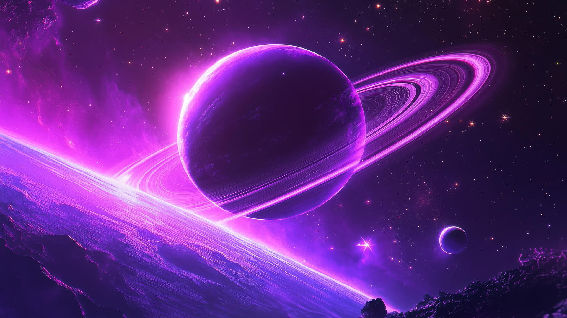 Neon purple aesthetic wallpaper with glowing stars and planets, featuring a large ringed planet.