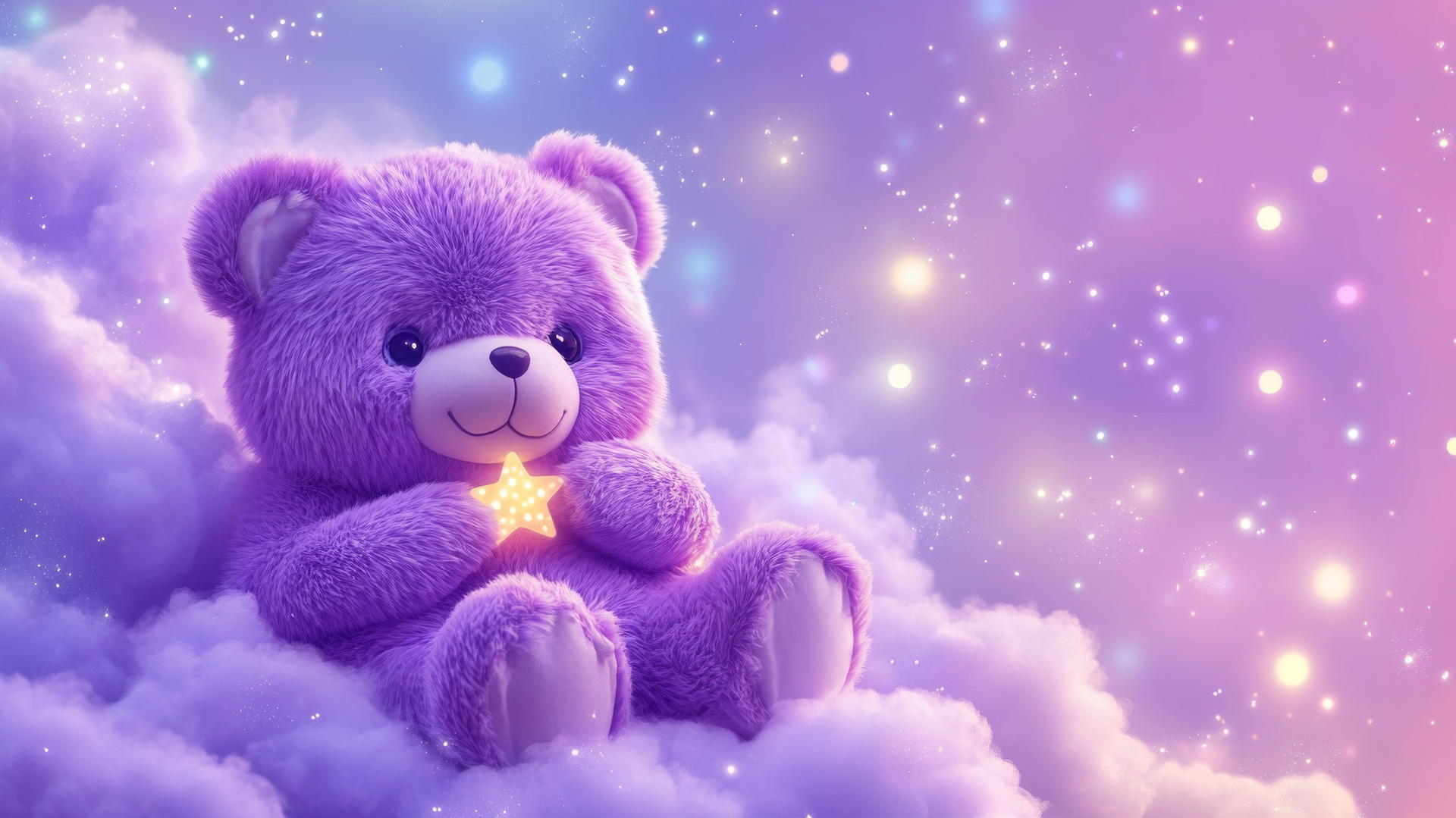 cute purple wallpaper with kawaii purple bear holding a tiny star on a fluffy lavender cloud