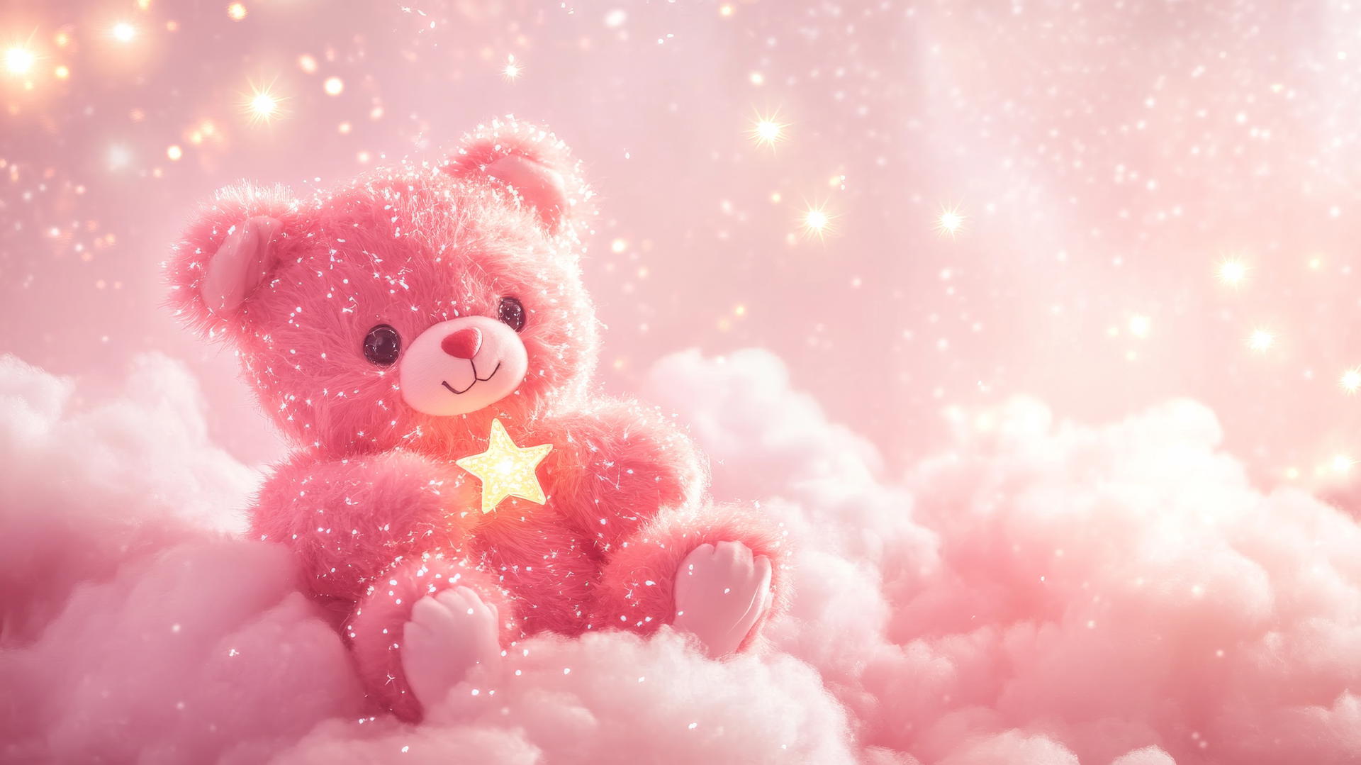 cute pink wallpaper with a kawaii pink bear holding a tiny star on a fluffy pink cloud