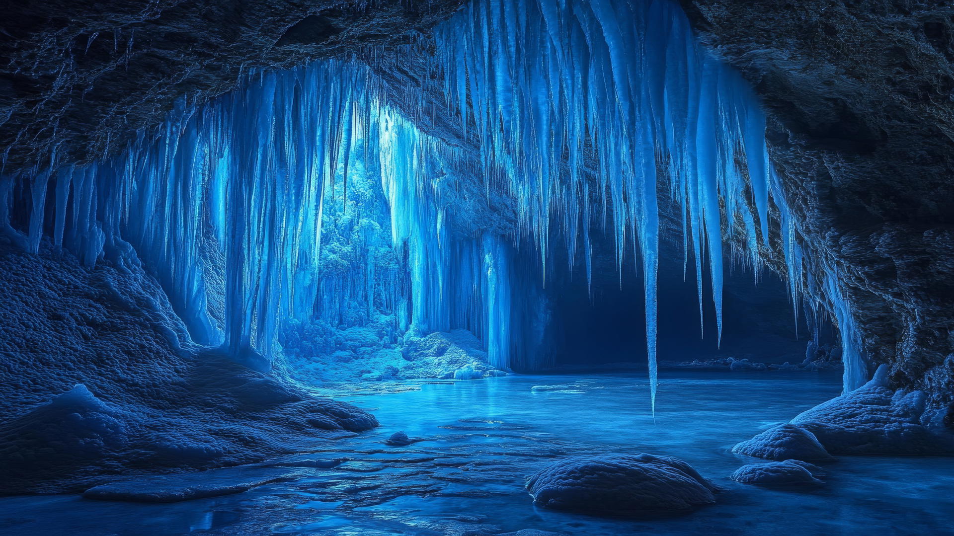 winter background wallpaper with blue ice formations and shimmering icicles