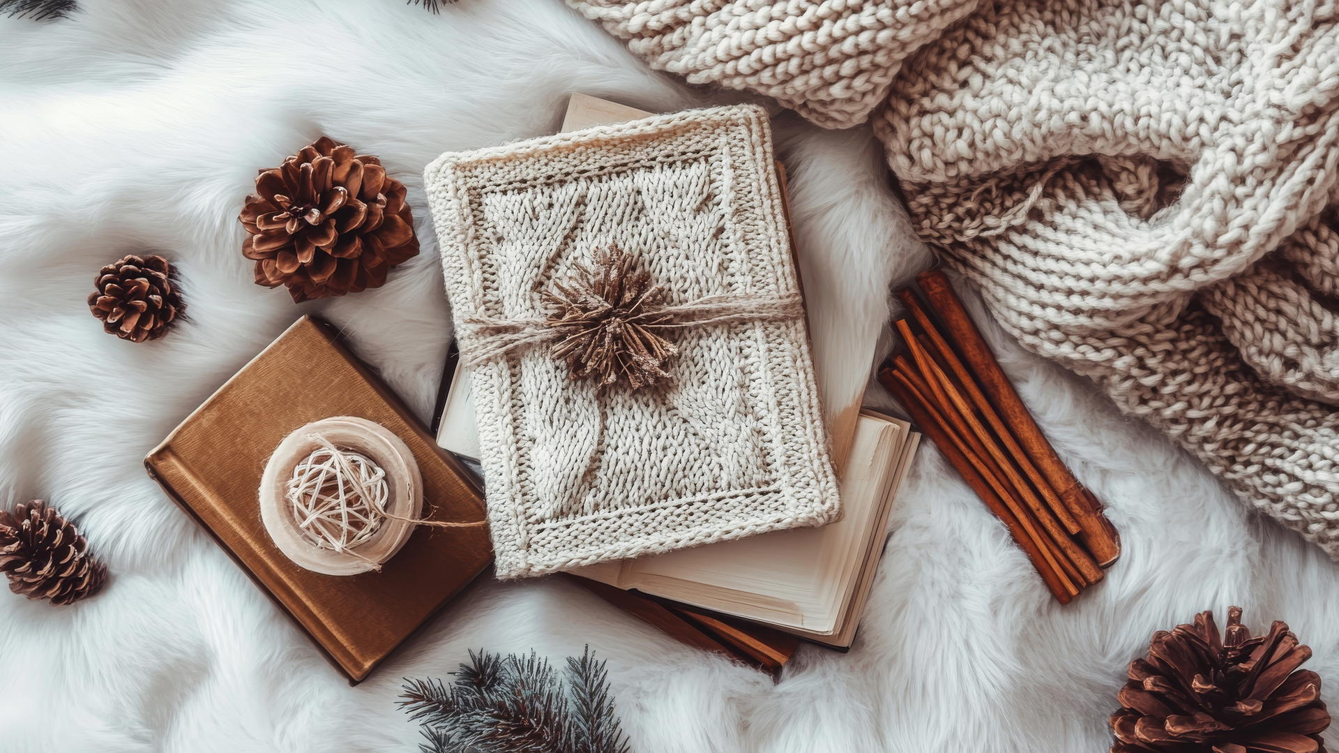 winter aesthetic wallpaper with vintage books, knitted scarves, pinecones, and cinnamon sticks on white fur