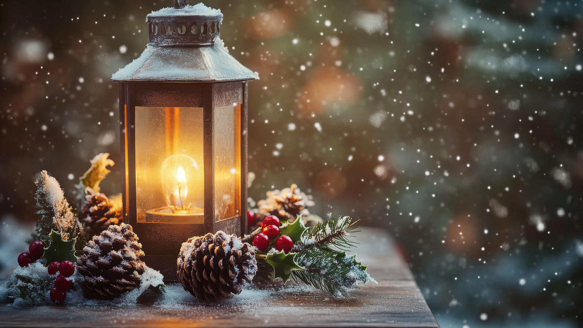 cozy winter iPhone wallpaper with a glowing lantern, pinecones, and holly