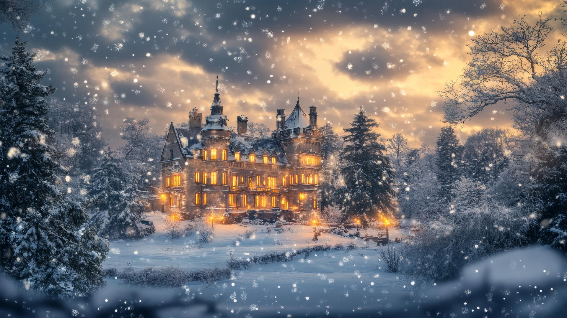Beautiful winter wallpaper featuring a grand European-style castle with glowing windows in a snowy landscape.