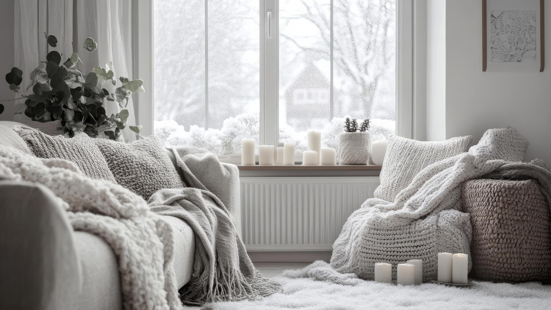 A Scandinavian living room with soft blankets and frosted window, winter wallpaper aesthetic