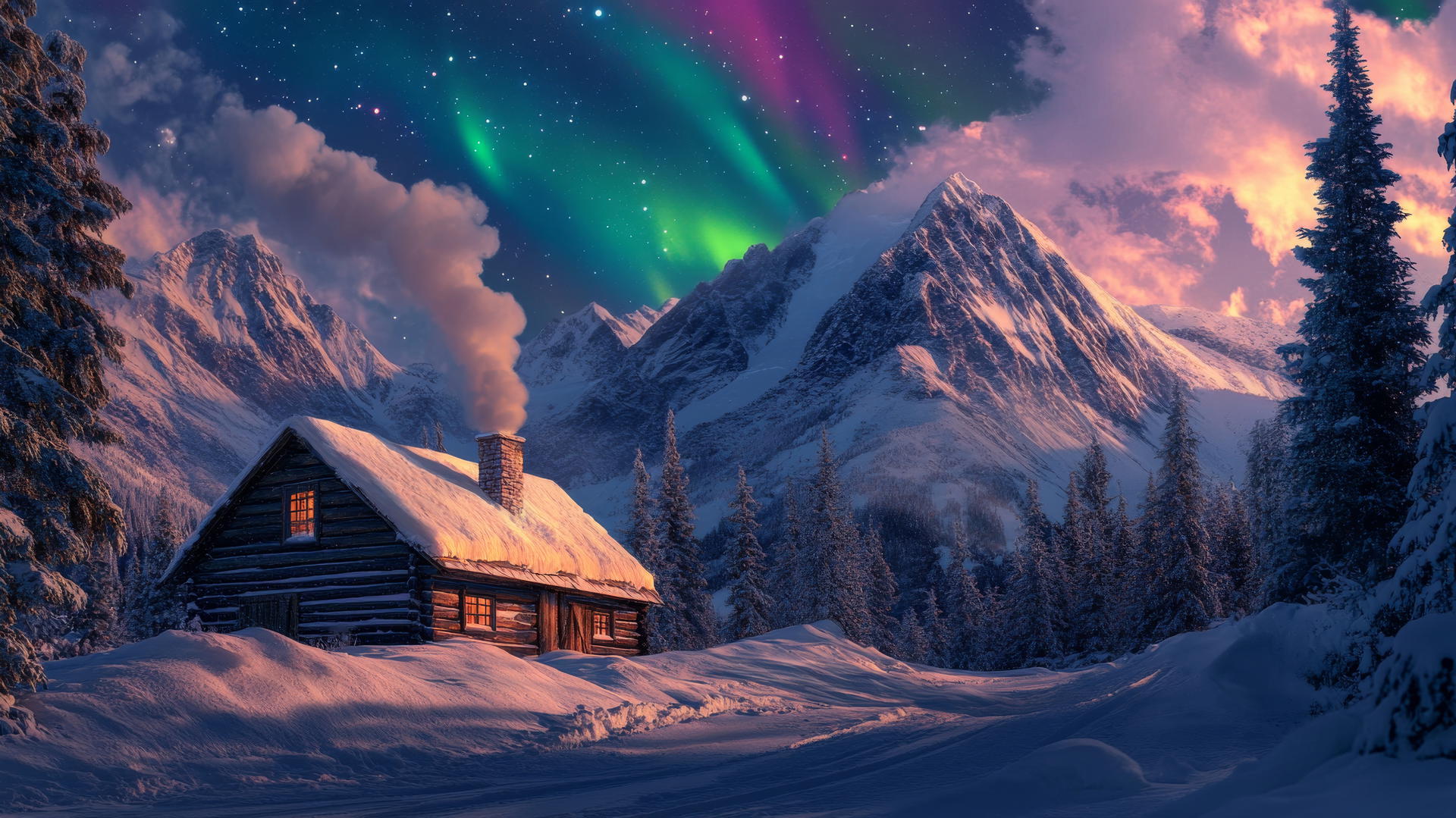 winter background wallpaper with snow-covered mountain cabin and northern lights
