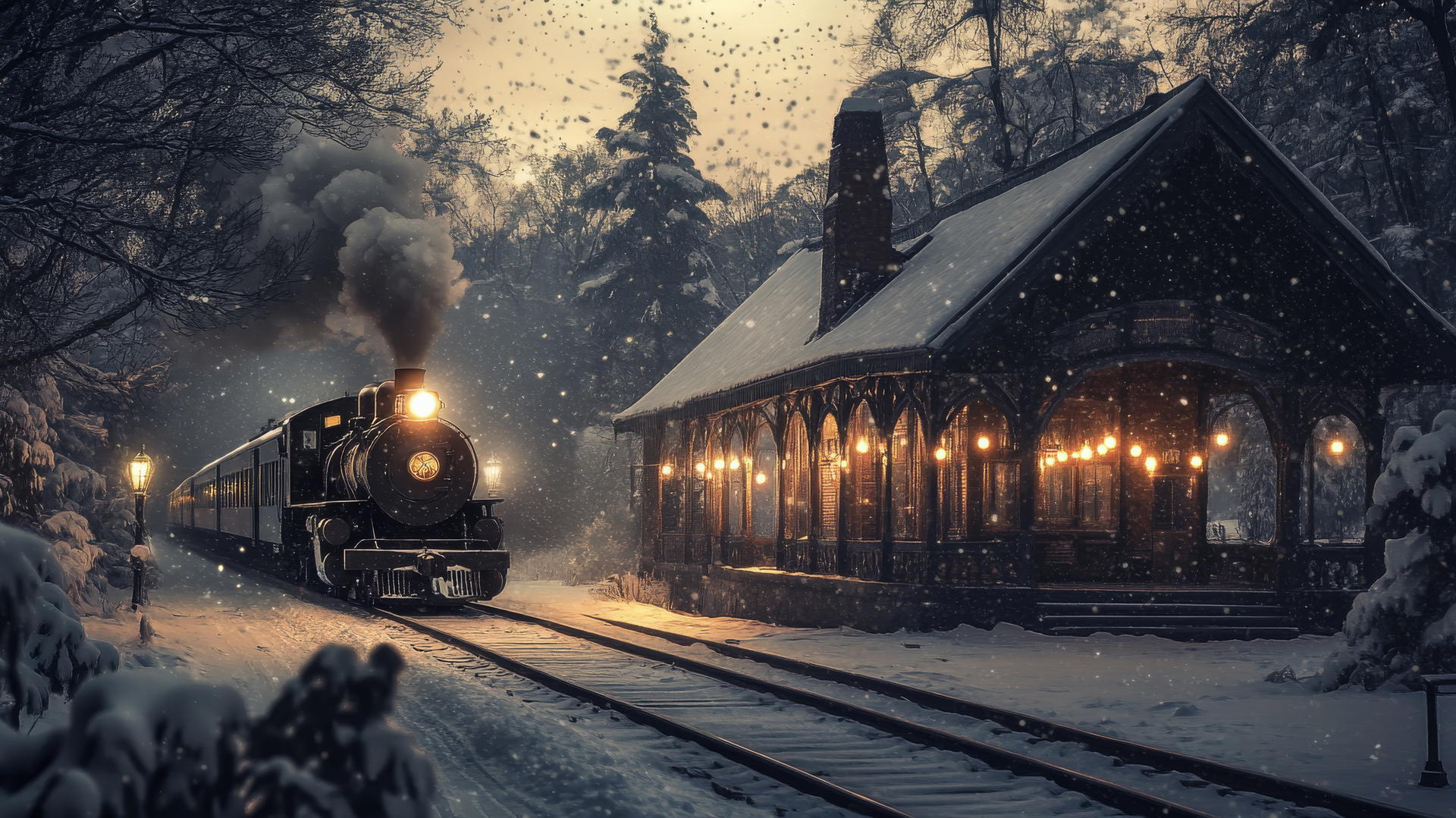 winter background wallpaper with a vintage steam train at a quiet snow-covered station at dusk