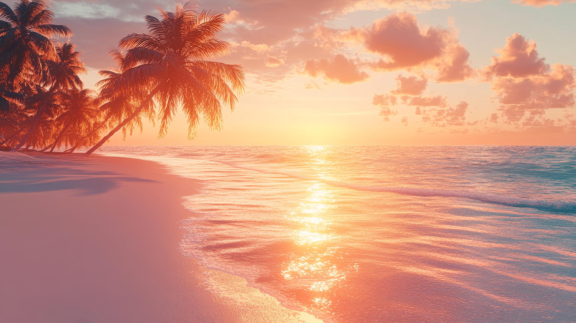 serene tropical beach wallpaper at sunset with swaying palm trees