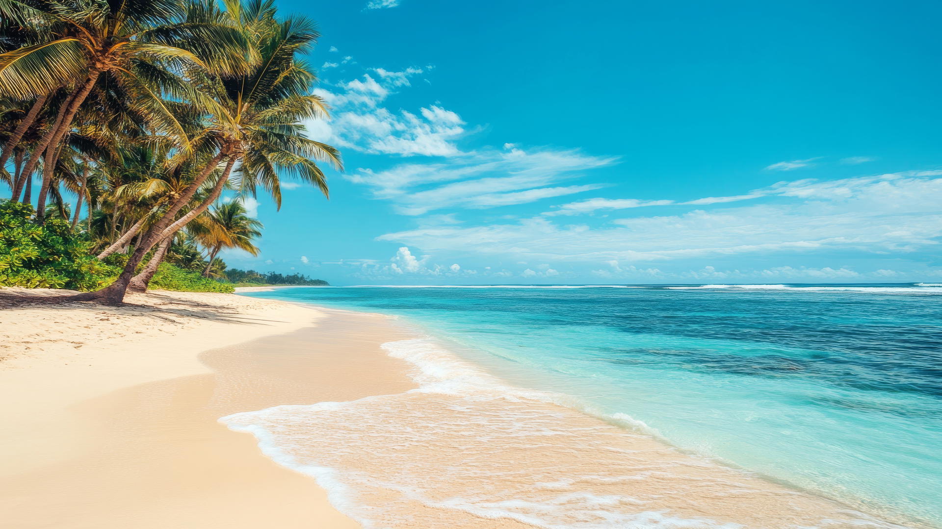 wallpaper beach with golden sand, crystal-clear water, and swaying palm trees