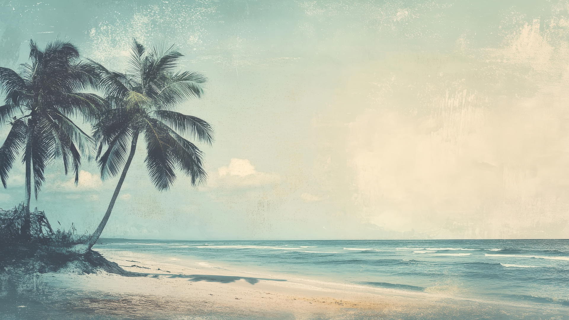 vintage-style beach with muted tones and palm trees, beach aesthetic wallpaper