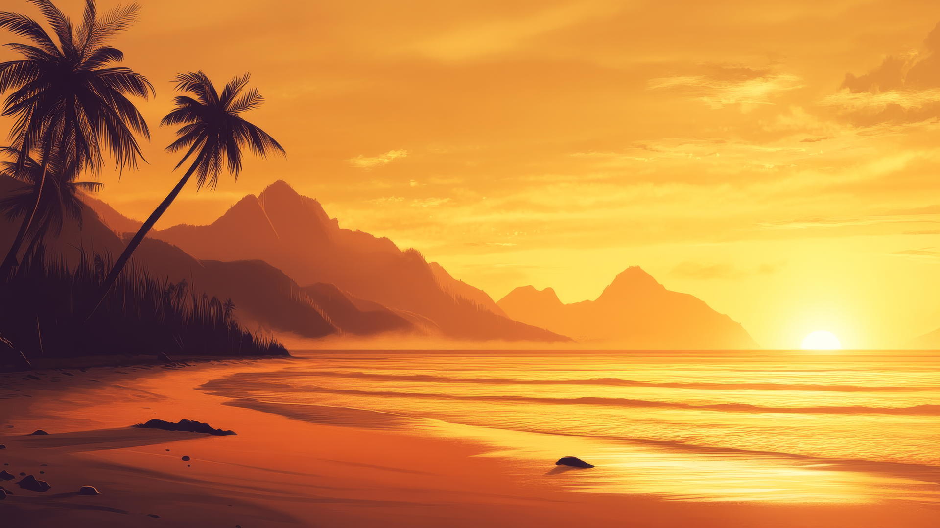 A glowing beach sunset with soft golden light, distant mountains, and palm trees, giving a beach wallpaper aesthetic feel.
