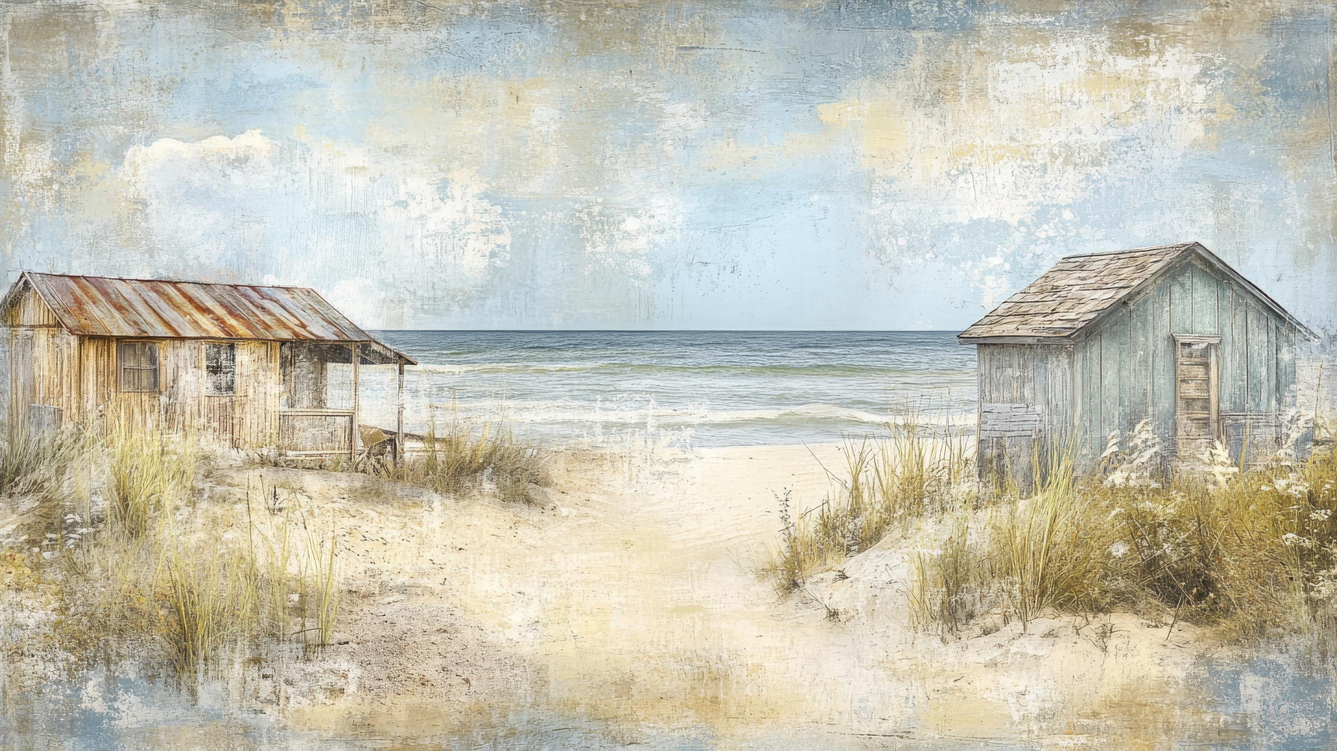 vintage beach themed wallpaper with retro cabins and muted tones