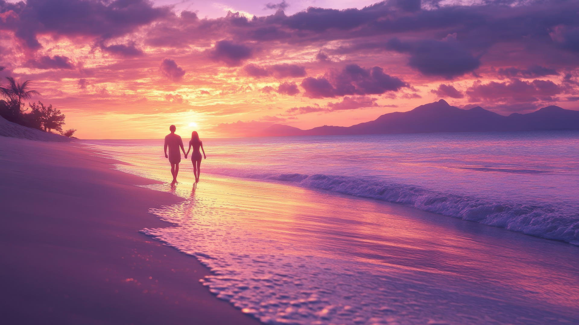 beach sunset wallpaper with a romantic couple, pastel pink and lavender skies