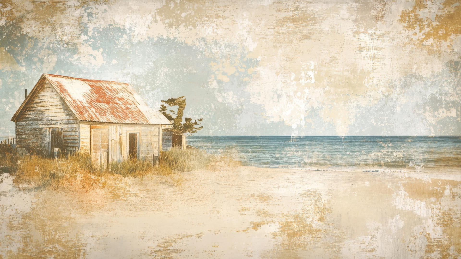 vintage-style beach themed wallpaper with retro beach cabins and muted tones