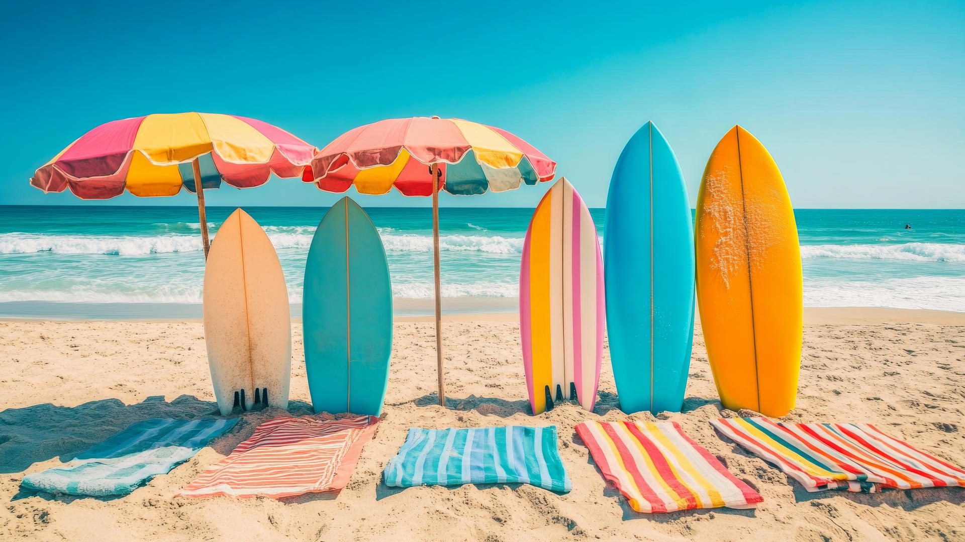 Vibrant beach theme wallpaper with colorful surfboards, towels, umbrellas, and waves