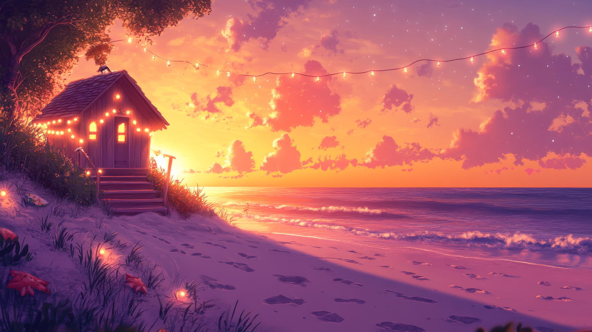 cute beach wallpaper at sunset with footprints and beach hut
