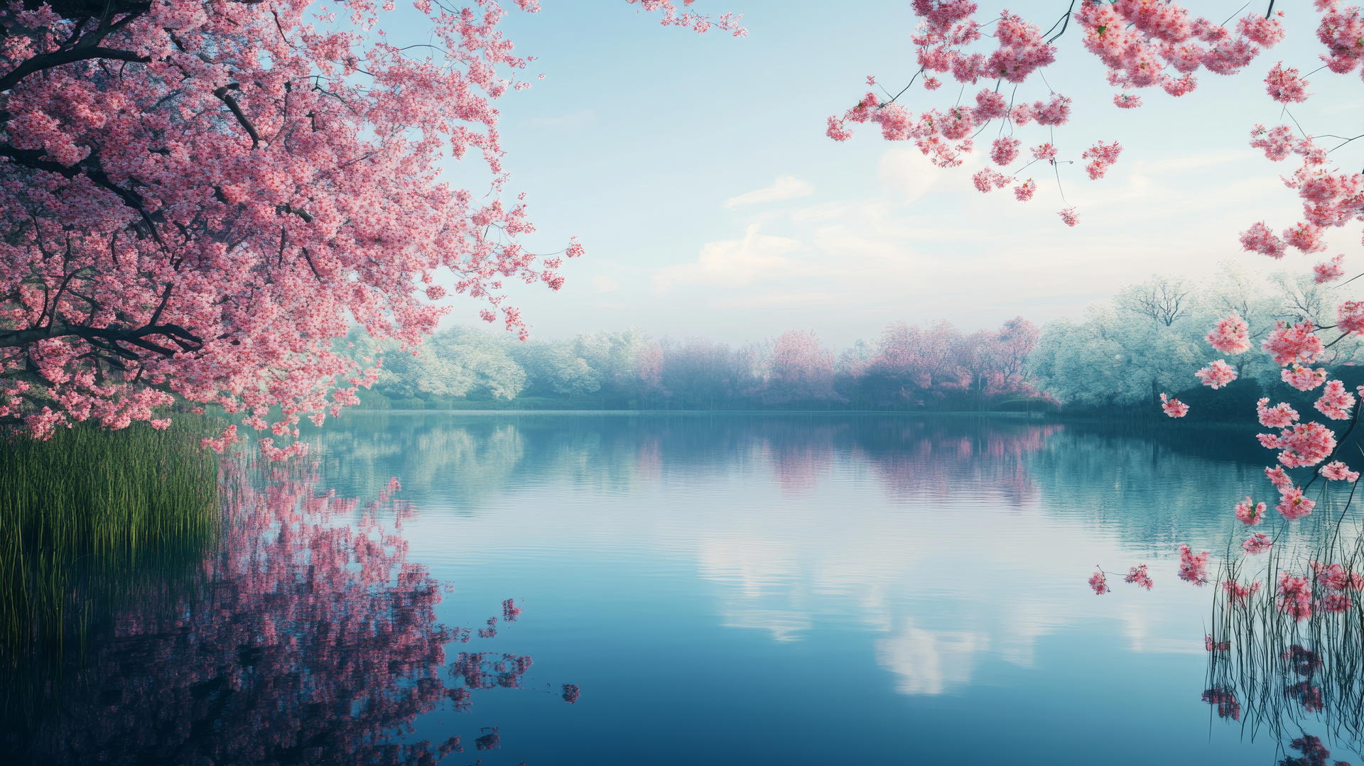 spring wallpaper of a lake surrounded by blossoming trees with flower reflections