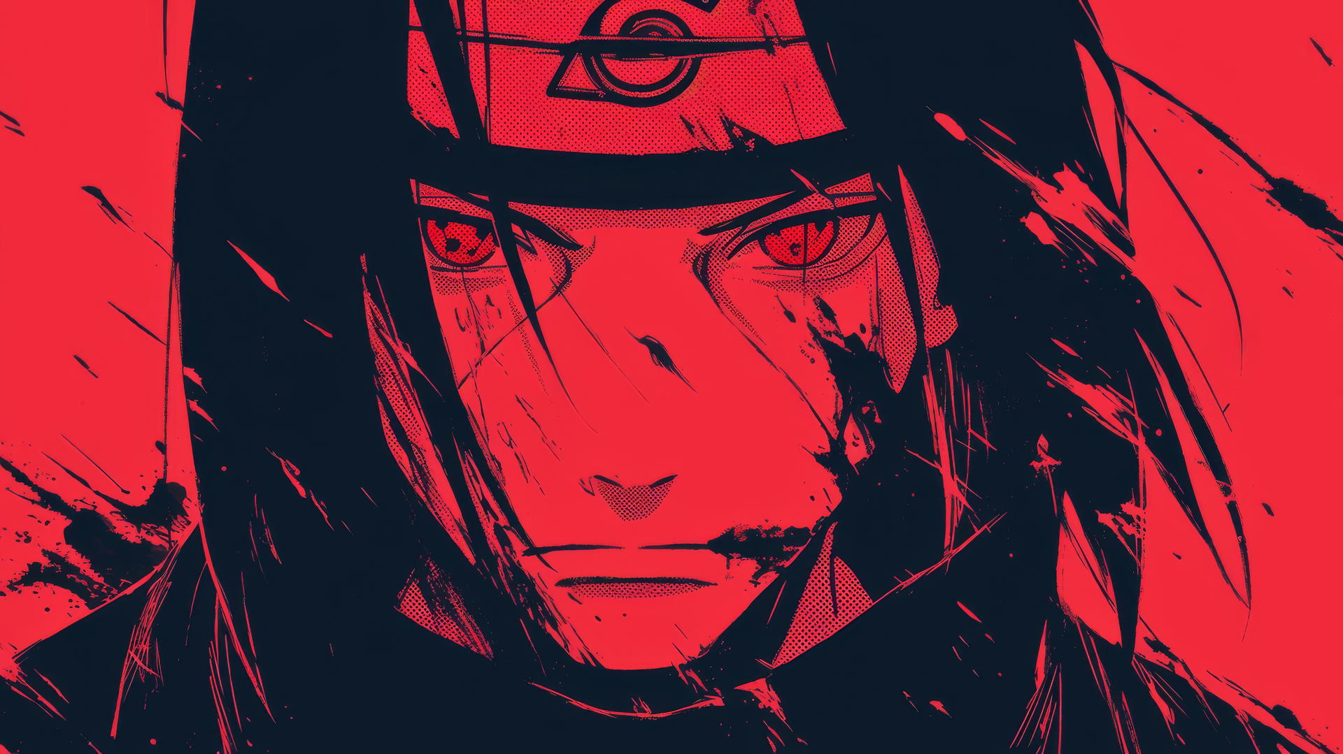 itachi uchiha drawing in vintage comic book style with halftone print