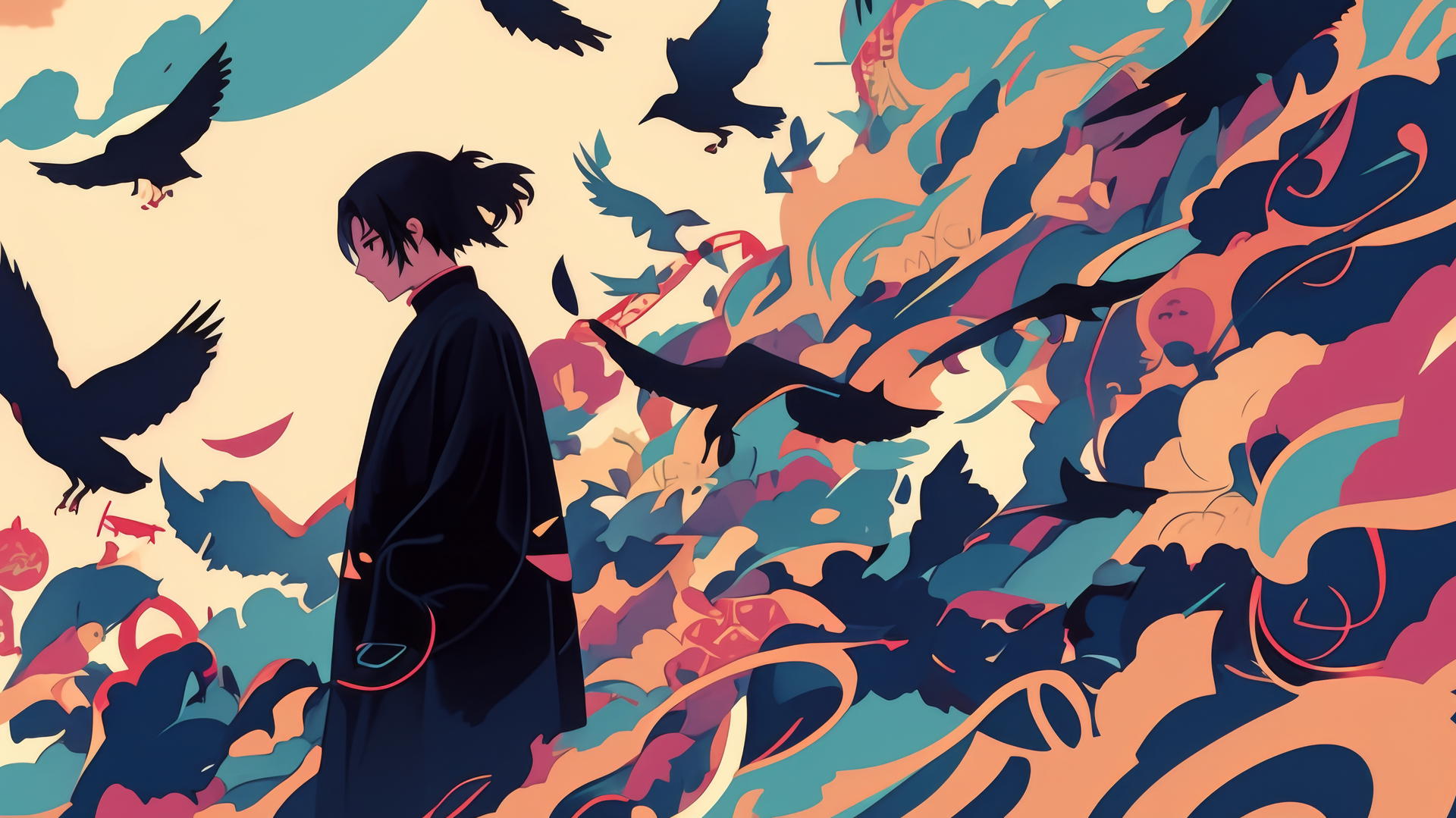 itachi uchiha drawing with swirling clouds and crows, abstract background