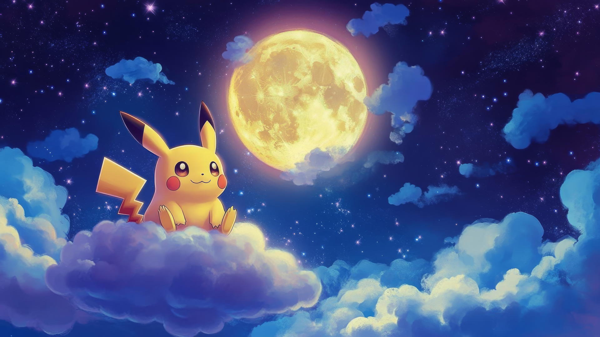 Pikachu riding a cloud through a magical night sky