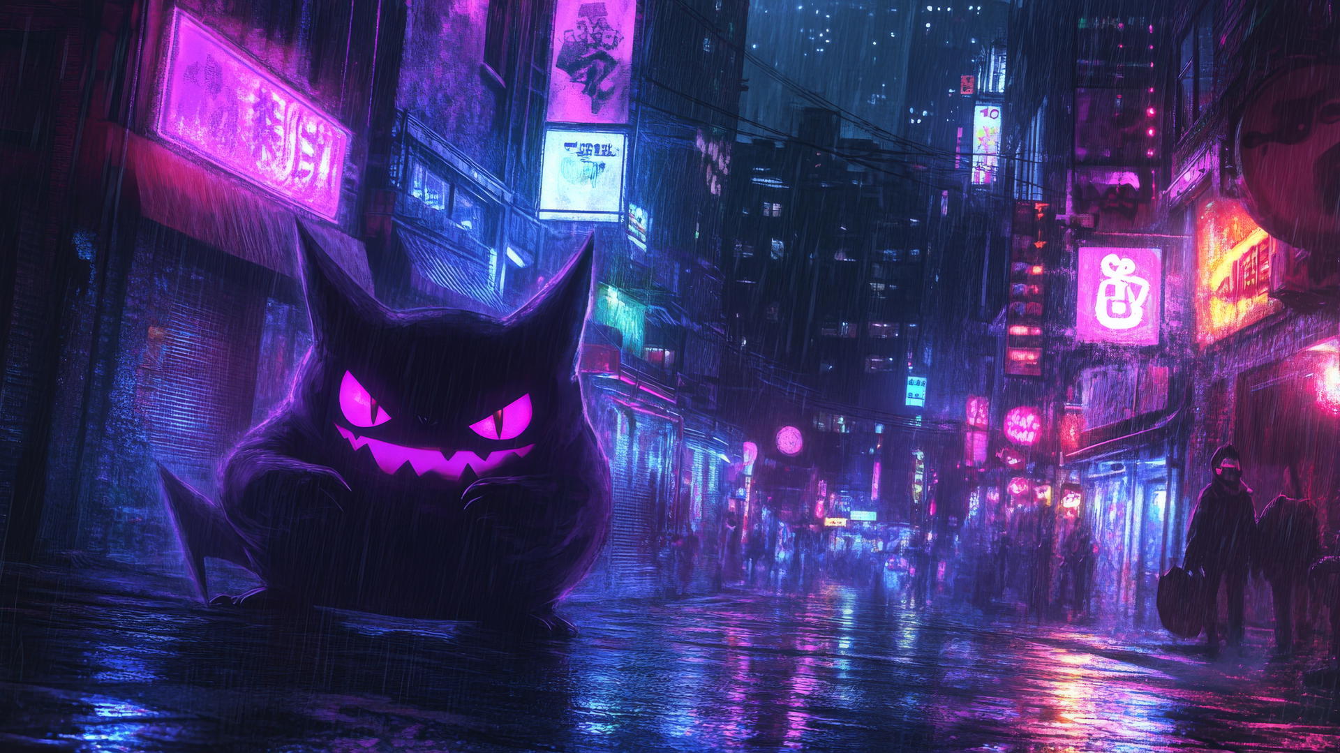 Gengar Pokemon in neon cyberpunk cityscape with glowing graffiti